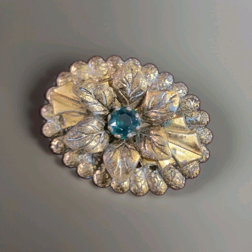 Vntg GoldTone Floral Brooch Teal Aqua Rhinestone Leaves Scalloped Oval Pin MCM